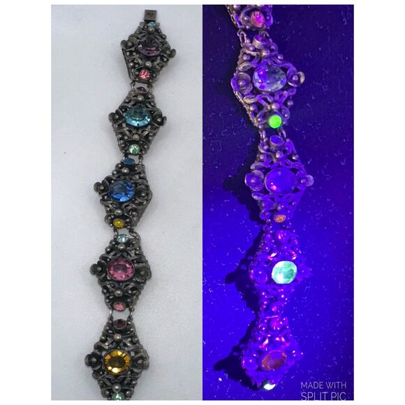 Czech 1920s antique silver tone multicolor rhinestones Uranium glass bracelet - Picture 1 of 12